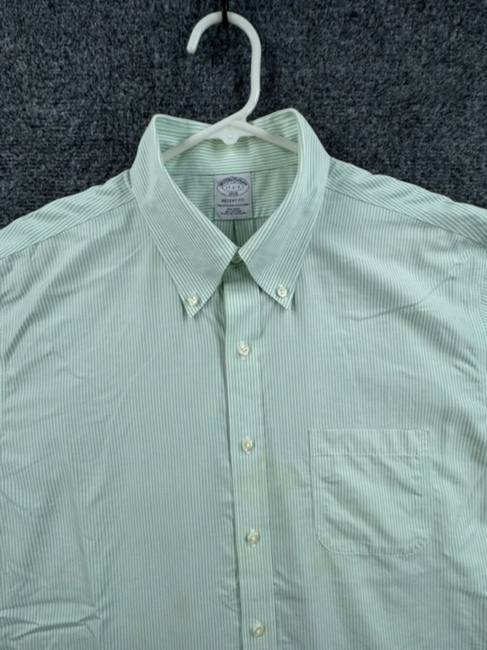 Brooks Brothers Non-Iron Cotton 17 2/3 Men Green White Striped Button-Down Shirt